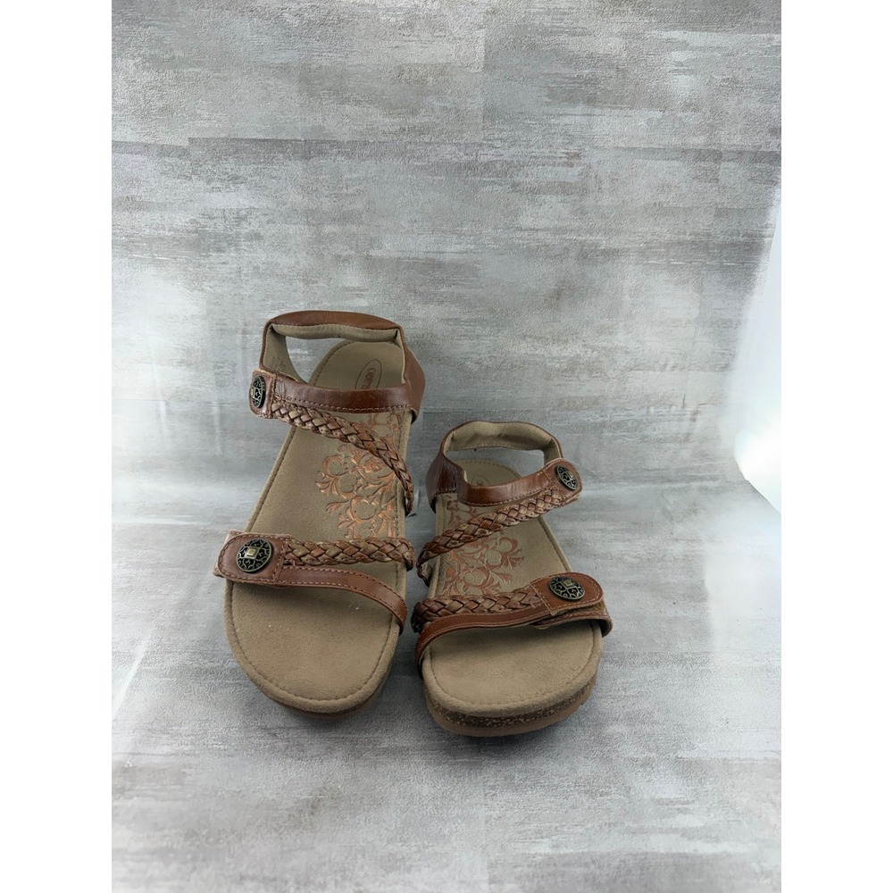 Aetrex Jillian Brown Leather Braided Medallion Sandals SC452W Women Sz 9.5